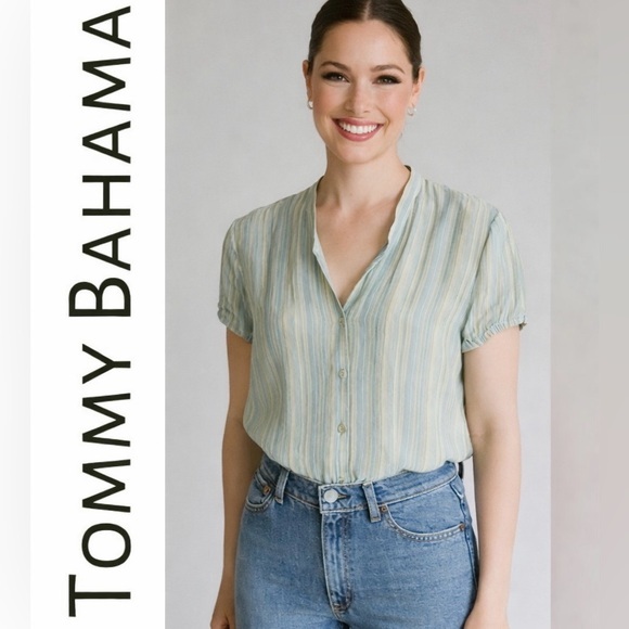 Tommy Bahama Tops - Tommy Bahama 100% Silk Sheer Striped Button-Down Top Green Size M